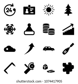 Solid vector icon set - 24 hours vector, identity, sun, christmas tree, snowflake, hat, coin, growth, cloud, limousine, chisel, staple, Angular grinder, constructor blocks, puzzle