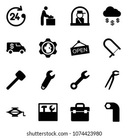 Solid vector icon set - 24 hours vector, baby room, officer window, money rain, encashment car, gear globe, open, fretsaw, rubber hammer, wrench, plumber, jack, tool box, allen key