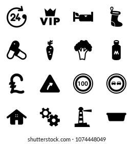 Solid vector icon set - 24 hours vector, vip, hotel, christmas sock, pills, carrot, broccoli, milk, pound, turn right road sign, speed limit 100, no overtake, home, gear, lighthouse, basin