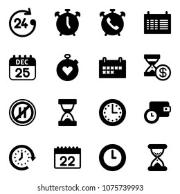 Solid vector icon set - 24 hours vector, alarm clock, phone, schedule, 25 dec calendar, stopwatch heart, account history, no parking even road sign, sand, time, wallet, around