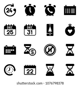 Solid vector icon set - 24 hours vector, alarm clock, phone, schedule, 25 dec calendar, 31, christmas mobile, stopwatch heart, account history, no parking even road sign, sand, around