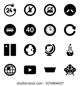Solid vector icon set - 24 hours vector, no mobile sign, computer, detour road, bus, minimal speed limit, time, reload, pause, globe, round flask, playback, basin, ufo toy