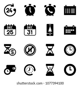 Solid vector icon set - 24 hours vector, alarm clock, phone, schedule, 25 dec calendar, 31, christmas mobile, account history, no parking even road sign, sand, time, wallet, around