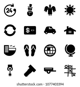 Solid vector icon set - 24 hours vector, snowman, angel, sun, exchange, credit card, car, home, hotel, flip flops, globe, laser, bolt, trailer, Tic tac toe