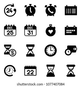 Solid vector icon set - 24 hours vector, alarm clock, phone, schedule, 25 dec calendar, 31, stopwatch heart, account history, sand, time, wallet, around