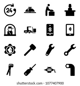 Solid vector icon set - 24 hours vector, client bell, baby room, recieptionist, officer window, fork loader, mobile payment, gear globe, rubber hammer, wrench, plumber, screwdriver, jack, allen key