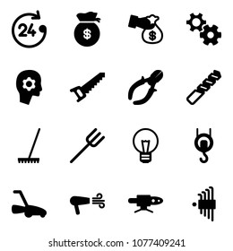 Solid vector icon set - 24 hours vector, money bag, encashment, gear, brain work, saw, side cutters, drill, rake, farm fork, bulb, winch, lawn mower, dryer, pipe welding, allen key set