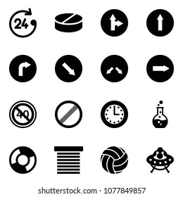 Solid vector icon set - 24 hours vector, pill, only forward right road sign, detour, end minimal speed limit, no, time, round flask, circle chart, jalousie, volleyball, ufo toy