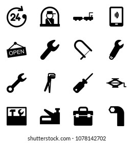 Solid vector icon set - 24 hours vector, officer window, baggage truck, mobile payment, open, wrench, fretsaw, plumber, screwdriver, jack, tool box, stapler, allen key