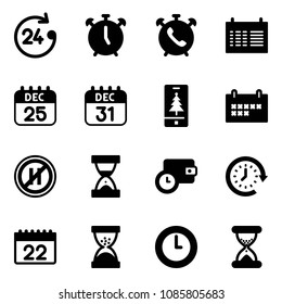 Solid vector icon set - 24 hours vector, alarm clock, phone, schedule, 25 dec calendar, 31, christmas mobile, no parking even road sign, sand, wallet time, around