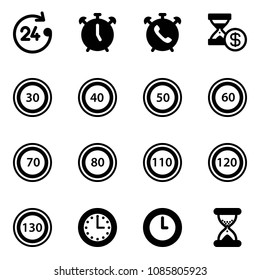 Solid vector icon set - 24 hours vector, alarm clock, phone, account history, speed limit 30 road sign, 40, 50, 60, 70, 80, 110, 120, 130, time, sand