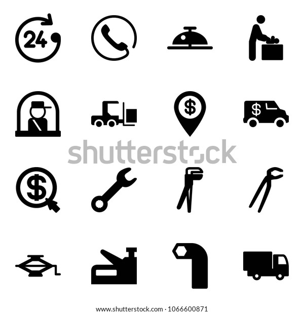 Solid vector icon set - 24 hours vector, phone,\
client bell, baby room, officer window, fork loader, dollar pin,\
encashment car, money click, wrench, plumber, jack, stapler, allen\
key, truck toy