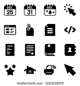 Solid vector icon set - 25 dec calendar vector, 31, christmas, cursor, website, attachment, document, tag code, agreement, book, contact, stars, home, printer wireless