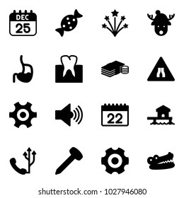 Solid vector icon set - 25 dec calendar vector, candy, firework, christmas deer hat, stomach, tooth, cash, Road narrows sign, gear, volume max, bungalow, phone, nail, crocodile