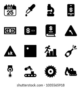 Solid vector icon set - 25 dec calendar vector, pipette, lab, mobile payment, dollar, credit card, annual report, turn left road sign, children, career, fizz opening, laser, conveyor, saw disk