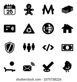 Solid vector icon set - 25 dec calendar vector, cake man, monero, dollar, tap pay, round motion road sign, globe, home, shield, group, tag code, money, lounger, wireless mail, check, chicken toy