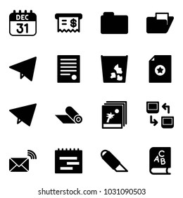 Solid vector icon set - 31 dec calendar vector, receipt, folder, paper fly, agreement, garbage, certificate, mat, photo, data exchange, wireless mail, terms plan, work knife, abc book