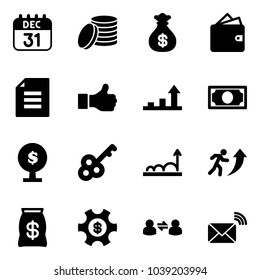 Solid vector icon set - 31 dec calendar vector, coin, money bag, wallet, document, like, growth arrow, tree, key, career, managemet, information exchange, wireless mail