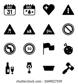Solid vector icon set - 31 dec calendar vector, christmas, heart, traffic light road sign, slippery, children, side wind, prohibition, no left turn, speed limit 50, flag, moon, wine, laser, basin