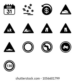 Solid vector icon set - 31 dec calendar vector, christmas sale, money back, steep descent road sign, children, gravel, narrows, artificial unevenness, prohibition, no left turn, moto