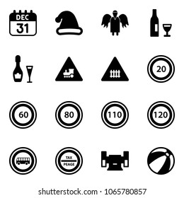 Solid vector icon set - 31 dec calendar vector, christmas hat, angel, wine, railway intersection road sign, speed limit 20, 60, 80, 110, 120, no bus, tax peage, sharpening, beach ball
