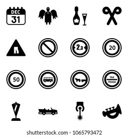 Solid vector icon set - 31 dec calendar vector, angel, wine, santa stick, Road narrows sign, prohibition, limited width, speed limit 20, 50, no bus, cart horse, tax peage, pennant, cabrio, laser