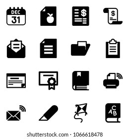 Solid vector icon set - 31 dec calendar vector, diet list, account statement, history, opened mail, document, folder, clipboard, schedule, certificate, book, printer wireless, work knife, kite, abc