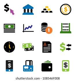 solid vector icon set - abacus vector, bank, exchange, dollar coin, graph, credit card, wallet, cash, stack, clock, personal information, cursor, gold ingot, tap pay