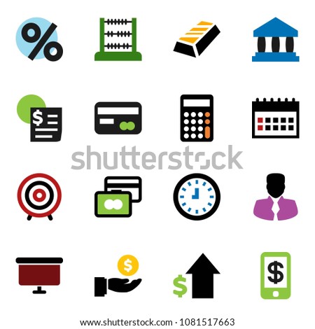 solid vector icon set - abacus vector, bank, gold ingot, credit card, manager, investment, dollar growth, calculator, clock, target, presentation board, calendar, receipt, percent, tap pay
