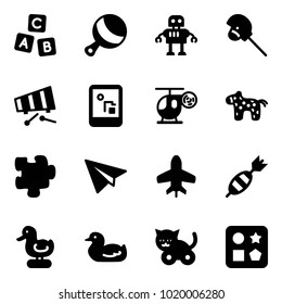 Solid vector icon set - abc cube vector, beanbag, robot, horse stick toy, xylophone, game console, helicopter, puzzle, paper plane, dart, duck, cat, hole