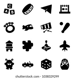 Solid vector icon set - abc cube vector, tambourine, paper plane, abacus, beanbag, toy, xylophone, baseball bat, block house, puzzle, wirligig, monster, car, bones, russian doll