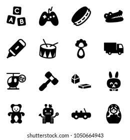Solid vector icon set - abc cube vector, joystick, tambourine, crocodile, marker, drum, beanbag, truck toy, helicopter, hammer, constructor blocks, rabbit, bear, robot, car, russian doll