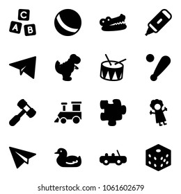 Solid vector icon set - abc cube vector, ball, crocodile, marker, paper plane, dinosaur toy, drum, baseball bat, hammer, train, puzzle, doll, duck, car, bones