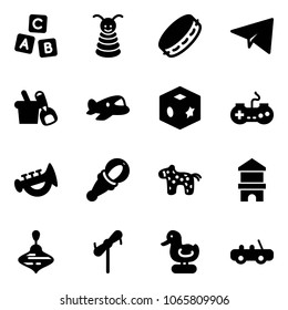 Solid vector icon set - abc cube vector, pyramid toy, tambourine, paper plane, shovel bucket, gamepad, horn, beanbag, horse, block house, wirligig, windmill, duck, car