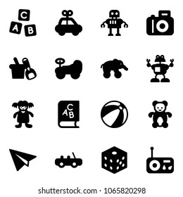 Solid vector icon set - abc cube vector, car toy, robot, camera, shovel bucket, baby, elephant wheel, doll, book, beach ball, bear, paper plane, bones, radio