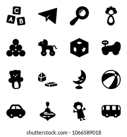 Solid vector icon set - abc cube vector, paper plane, beanbag, billiards balls, wheel horse, toy, baby car, bear, constructor blocks, moon lamp, beach ball, wirligig, doll, bus