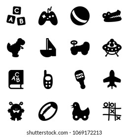 Solid vector icon set - abc cube vector, joystick, ball, crocodile, dinosaur toy, sailboat, baby car, ufo, book, phone, beanbag, plane, monster, football, duck, Tic tac toe