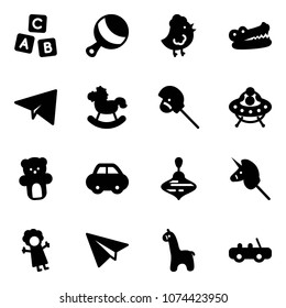 Solid vector icon set - abc cube vector, beanbag, chicken toy, crocodile, paper plane, rocking horse, stick, ufo, bear, car, wirligig, unicorn, doll, giraffe
