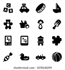 Solid vector icon set - abc cube vector, car toy, tambourine, sailboat, bear, shovel bucket, beanbag, game console, block house, puzzle, dart, duck, basketball