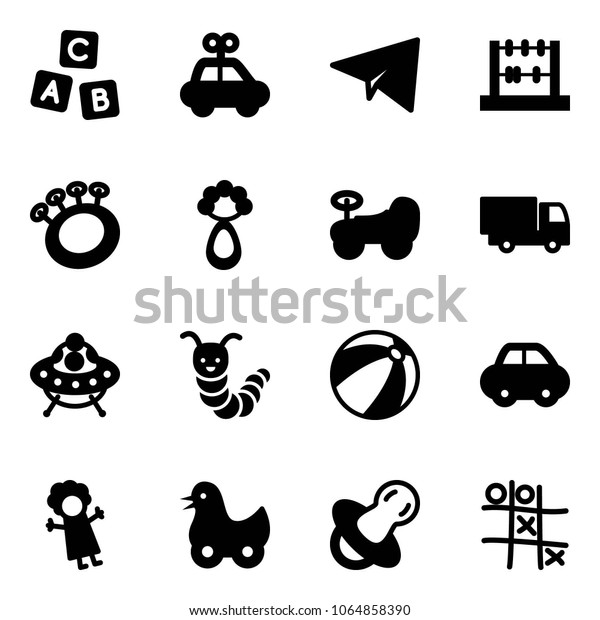Solid vector icon set - abc cube\
vector, car toy, paper plane, abacus, beanbag, baby, truck, ufo,\
caterpillar, beach ball, doll, duck, soother, Tic tac\
toe