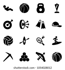 Solid vector icon set - abdominal muscles vector, basketball ball, weight, pennant, target, solution, flippers, cap, volleyball, kayak, badminton, surfing, axe, billiards balls, bow