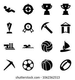 Solid vector icon set - abdominal muscles vector, target, cup, win, pennant, gold medal, rock axe, pool, swimming, volleyball, windsurfing, soccer ball, basketball, football