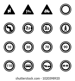 Solid vector icon set - abrupt turn right vector road sign, side wind, for moto, prohibition, no left, limited width, height, pedestrian, speed limit 10, 30, 70, 90, 110, bus, cart horse, overtake