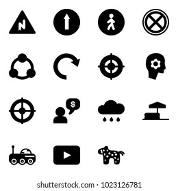 Solid vector icon set - abrupt turn right vector road sign, only forward, pedestrian way, no stop, social, redo, target, brain work, money dialog, rain cloud, inflatable pool, moon rover, playback