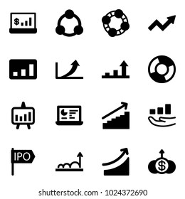 Solid vector icon set - account statistics vector, social, friends, growth arrow, circle chart, presentation, monitor, ipo, rise, dollar