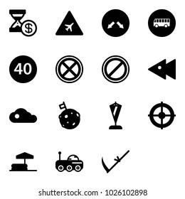 Solid vector icon set - account history vector, airport road sign, detour, bus, minimal speed limit, no stop, parking, fast backward, cloud, moon flag, pennant, target, inflatable pool, rover