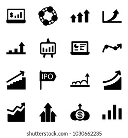 Solid vector icon set - account statistics vector, friends, arrows up, growth arrow, presentation chart, monitor, point, ipo, rise, dollar