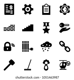 Solid vector icon set - account statement vector, gear, clipboard, globe, brick wall, stairs, star medal, key hand, wireless lock, sun panel, snow, link, rubber hammer, rake, beanbag, helicopter toy