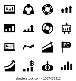 Solid vector icon set - account statistics vector, social, friends, arrows up, growth arrow, circle chart, presentation, monitor, point, ipo, rise, dollar