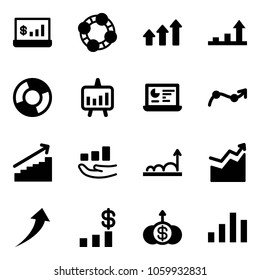 Solid vector icon set - account statistics vector, friends, arrows up, growth arrow, circle chart, presentation, monitor, point, dollar